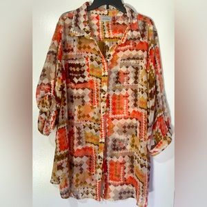 Avenue Career Casual 3/4 Sleeves Button Up Sheer Multicolor Blouse Sz 30/32 SALE